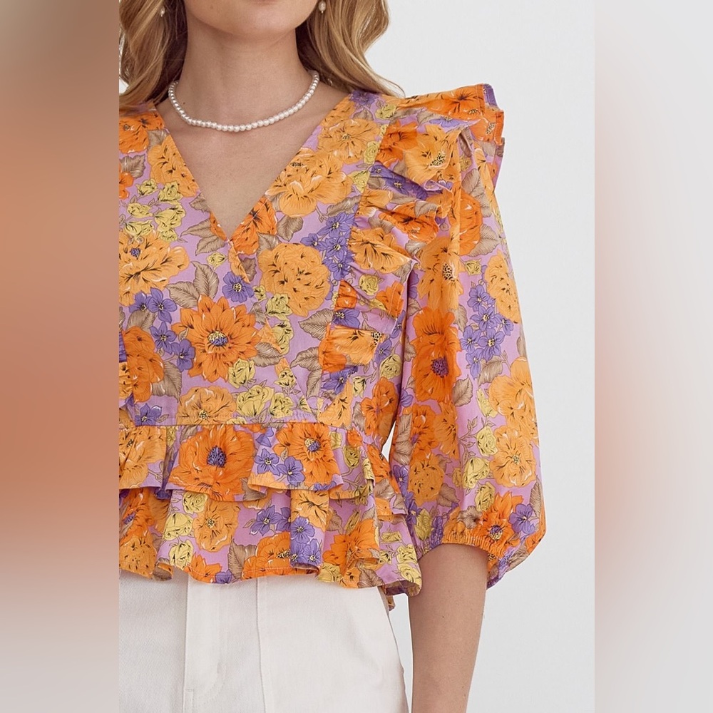 Entro Clementine Ruffled Peplum Blouse Maximalist Purple Orange Floral New Small - Picture 6 of 12